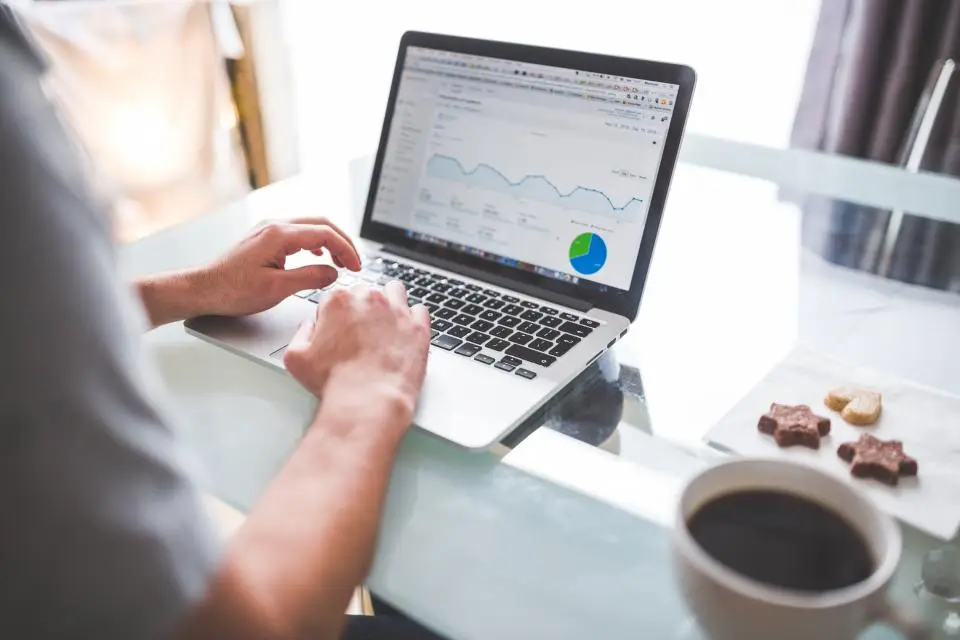 Business owner reviewing growth charts on a laptop