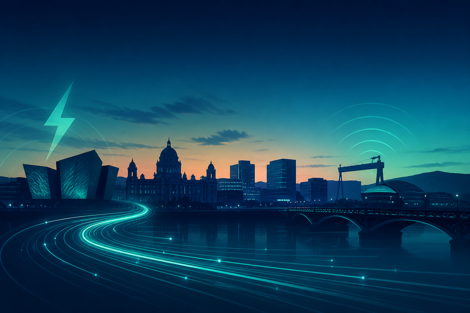 Belfast skyline with energy and broadband network glow — NI Utility Guys